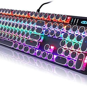 Camiysn Typewriter Style Mechanical Gaming Keyboard, Black Retro Punk Gaming Keyboard with RGB Backlit, 104 Keys Blue Switch Wired Cute Keyboard, Round Keycaps for Windows/Mac/PC