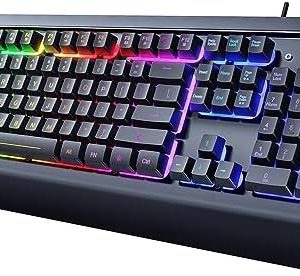 Dacoity Gaming Keyboard, 104 Keys All-Metal Panel, Rainbow LED Backlit Quiet Computer Keyboard, Wrist Rest, Multimedia Keys, Anti-ghosting Keys, Waterproof Light Up USB Wired Keyboard for PC Mac Xbox