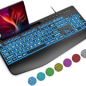 SABLUTE Large Print Backlit Keyboard, Wired USB Lighted Computer Keyboards with 7-Color & 4 Modes Backlit, Big Letters Keys Easy to Read and Type Compatible for PC, Laptop, Desktop