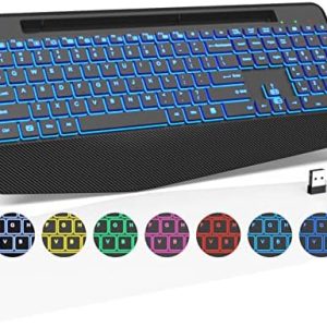 Wireless Keyboard with 7 Colored Backlits, Wrist Rest, Phone Holder, Rechargeable Ergonomic Computer Keyboard with Silent Keys, Full Size Lighted Keyboard for Windows, MacBook, PC, Laptop (Black)